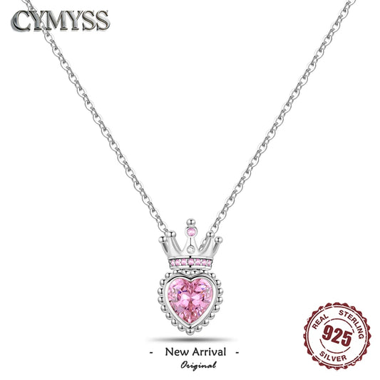 Romantic Pink Crown Heart Pendant Necklace Genuine 925 Sterling Silver Fine Jewelry