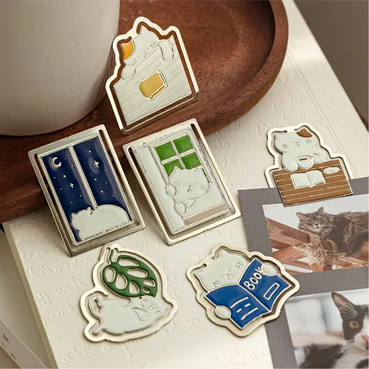 1 Piece Metal Bookmark Cat Life Cute Cartoon Page Clip for Reading Student Gift Book Accessory,Animal Design Book Lover Present